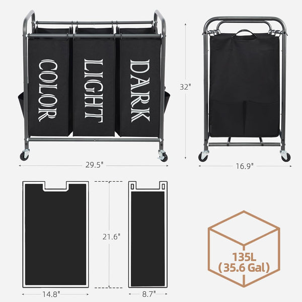 STORAGE MANIAC 3 Section Laundry Sorter, 3 Bag Laundry Hamper Cart with Heavy Duty Rolling Lockable Wheels and Removable Bags, Laundry Organizer