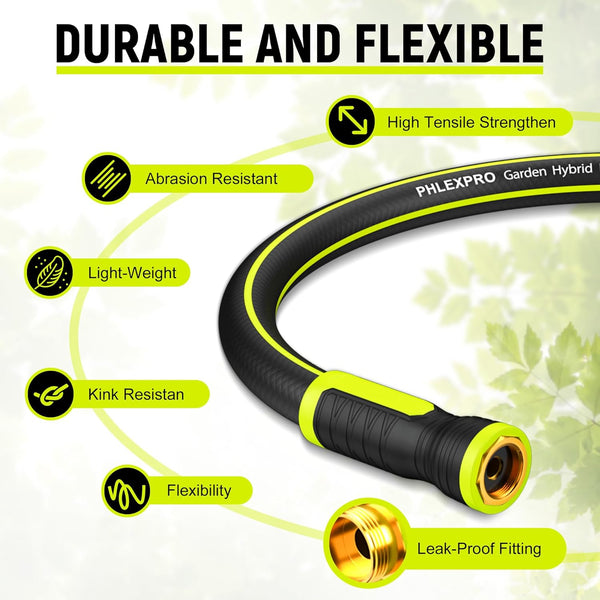 Garden Hose 10FT - PHLEX PRO Heavy-Duty Premium 5/8'' Rubber 3-Layer Water Hose - Flexible Hybrid Lightweight Water Hose, Full Brass Male to