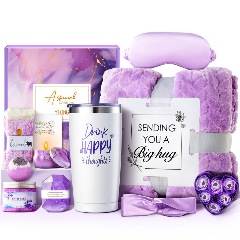 YFONG Spa Gifts for Women, Birthday Gifts for Women, Self Care Get Well Soon Gifts Basket for Mom, Wife, Girlfriend, Sister, Purple Gift Set for