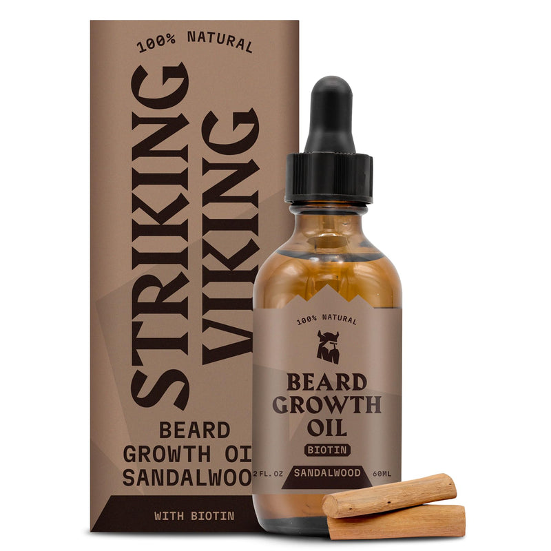 Striking Viking Beard Growth Oil with Biotin - 2 Fl Oz, 1 Pack, Sandalwood - Thickening, Conditioning Biotin Beard Growth Serum for Men with Argan