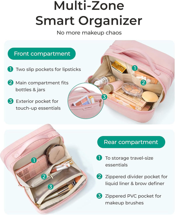 BAGSMART Travel Makeup Bag, Make up Bag with Multiple Compartments for Organizer, Compact & Durable Cosmetic Organizer for Women for Travel