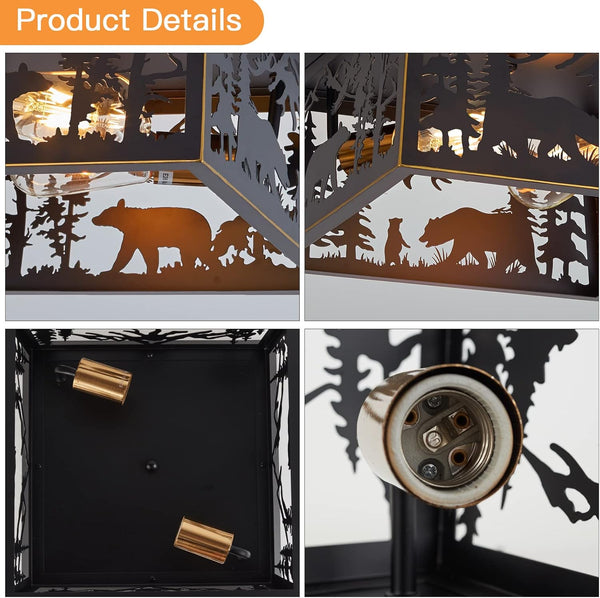 Rustic Bear Flush Mount Ceiling Light Fixture, Farmhouse Vintage Industrial Metal Cage Light Perfect for Kitchen, Dining Room, Foyer Entryway,