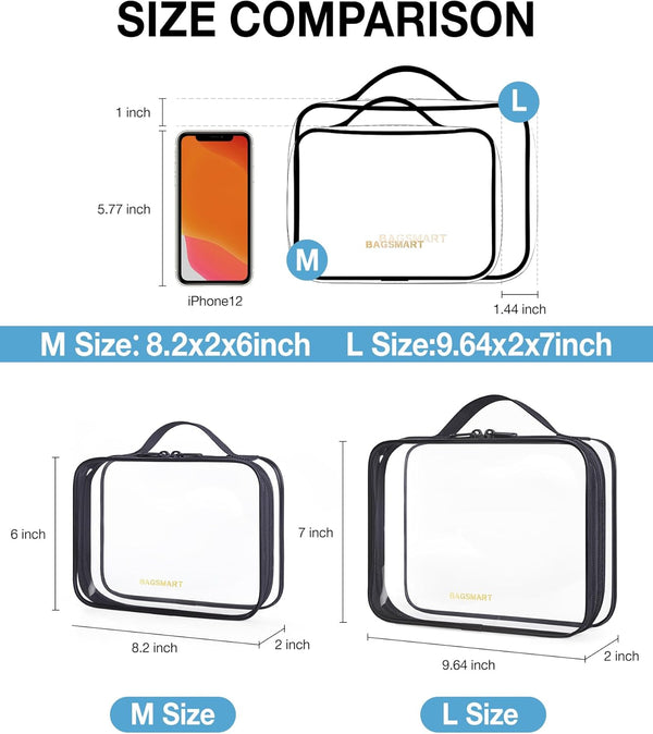 BAGSMART TSA Approved Clear Toiletry Bag, 2 Packs Quart Size Water Resistant Makeup Cosmetic Bags for Women, 2 Sizes Airport Airline Travel