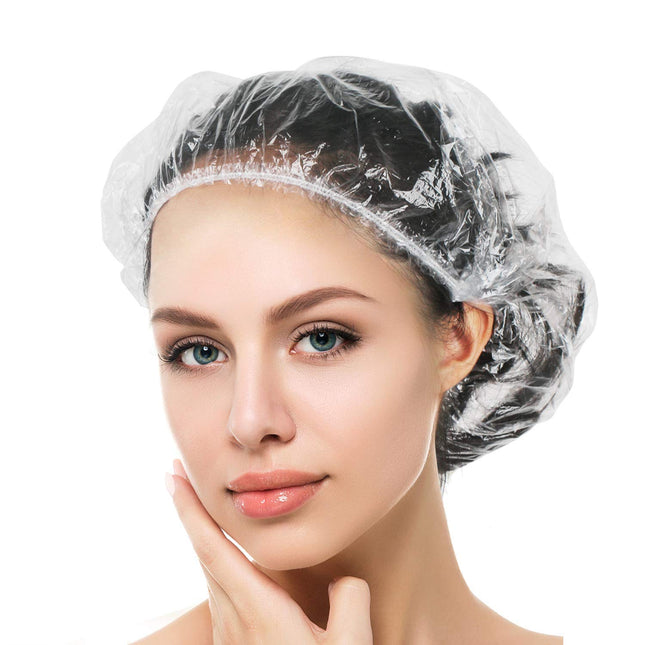 Auban 100PCS Disposable Shower Caps, Plastic Clear Hair Cap Large Thick Waterproof Bath Caps for Women, Hotel Travel Ess