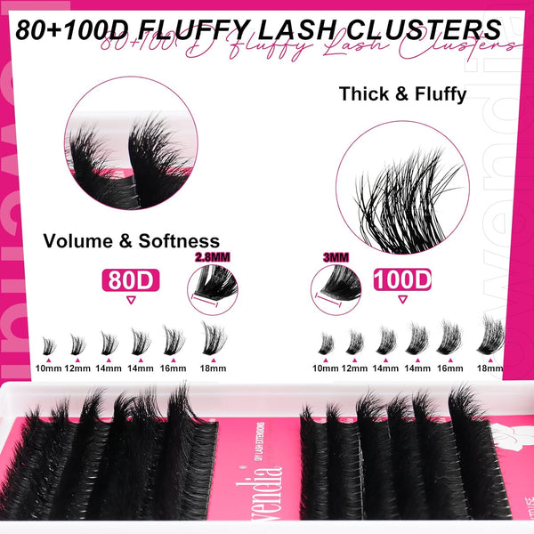 Fowendia Lash Clusters Kit Fluff 80D 100D Individual Lashes D Curl Cluster Eyelash Extensions 10-18mm DIY Lash Extension Kit Lash Bond and Seal