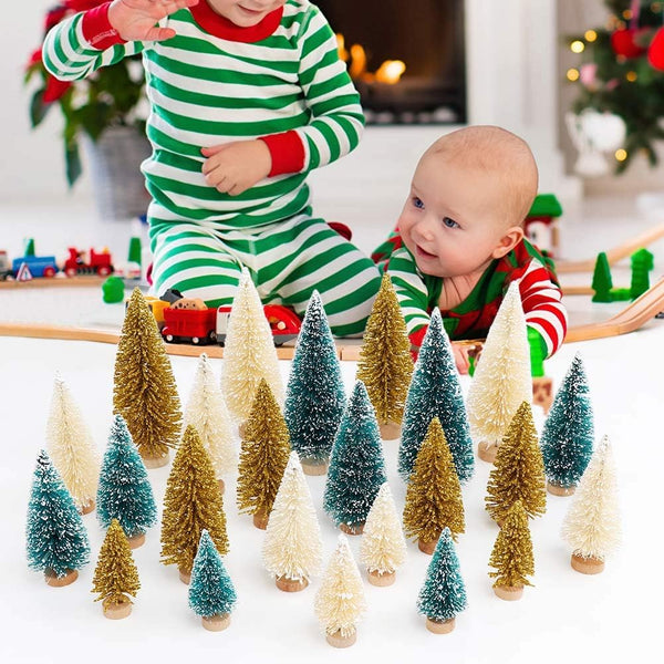 Aerwo 24Pcs Mini Christmas Trees Bottle Brush Trees with Wood Base, Christmas Village Trees for Tabletop Christmas Decor Holiday Winter Decorations
