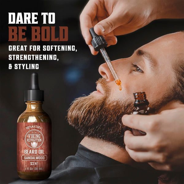Viking Revolution Sandalwood Beard Balm for Men (2Oz) and Sandalwood Beard Oil (1 Fl Oz) Bundle - with Argan and Jojoba Oils - Soften and