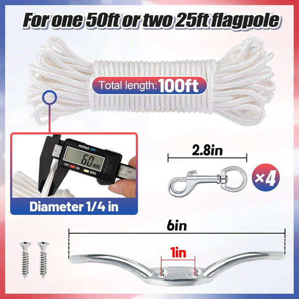 PAMASE Flag Rope and Clips Kit - 100Ft Flag Pole Rope Halyard with Cleat Hook & 4 Pcs Swivel Snap Clips for Flagpoles up to 50Ft, Outdoor Porch