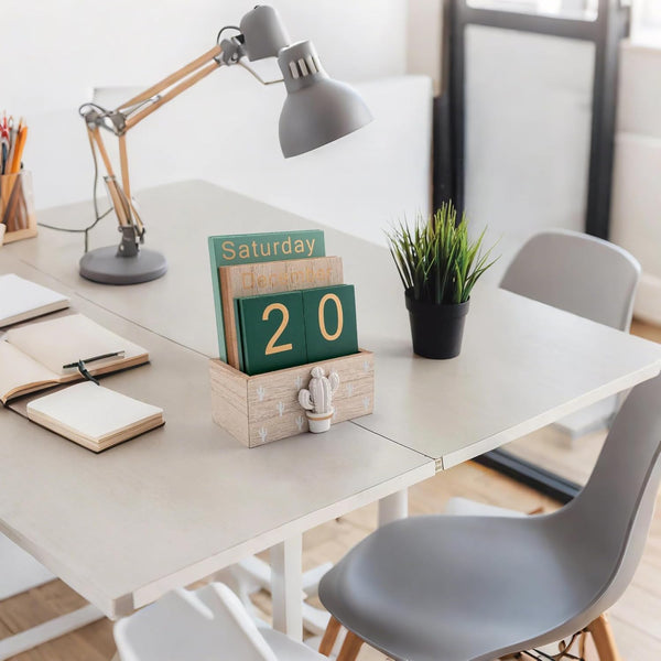 Notakia Perpetual Calendar, Wooden Calendar for Home Office Desk Accessories Vintage Wood Block Calendar(Green) Green cactus
