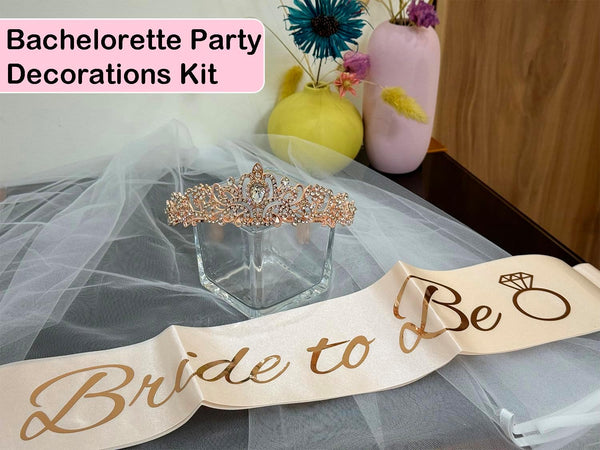 JETKONG 3 Pcs Bachelorette Party Decorations Bridal Shower Crown, Bride to Be Sash&Veil for Women Bachelorette Party Gifts, Bachelorette Party