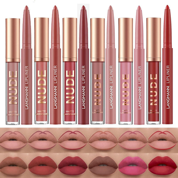 LANGMANNI 6 Matte Lipstick with 6 Lipliners Durable Makeup Set,Long-Lasting Non-Stick Cup Not Fade Waterproof Pigmented Velvet Lipgloss Kit Beauty