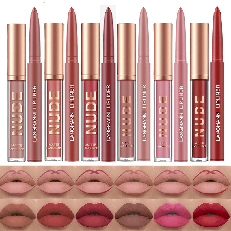 LANGMANNI 6 Matte Lipstick with 6 Lipliners Durable Makeup Set,Long-Lasting Non-Stick Cup Not Fade Waterproof Pigmented Velvet Lipgloss Kit Beauty