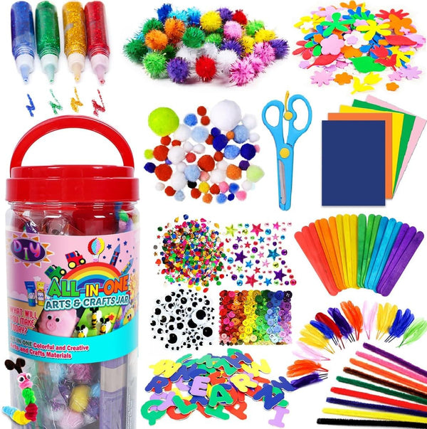 FUNZBO Arts and Crafts Supplies for Kids - Craft Kit with Glitter Glue Stick, Pipe Cleaners Pom Poms Craft & Craft Tools, DIY School Supplies Kit,