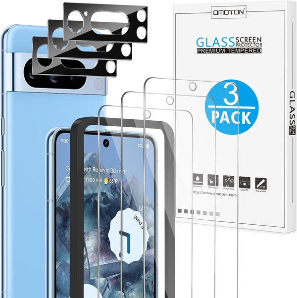OMOTON for Pixel 8 Pro Screen Protector, 3 Pack for Pixel 8 Pro Tempered Glass, 3 Camera Lens Protector, Fingerprint Sensitivity (6.7 Inch, 2023