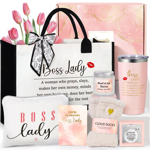 Boss Lady Gifts for Women, Best Boss Gift with Grocery Canvas Tote Bag, Funny Boss Christmas Box for Women, Cool Basket for Bosses Female, Office