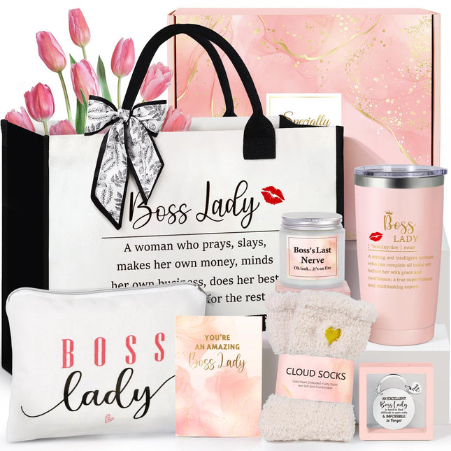 Boss Lady Gifts for Women, Best Boss Gift with Grocery Canvas Tote Bag, Funny Boss Christmas Box for Women, Cool Basket 