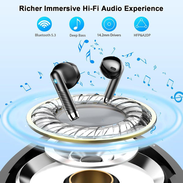 Wireless Earbuds, 2024 Bluetooth Headphones V5.3 Ear Buds Built-In ENC Noise Cancelling Mics, 40H Stereo Bass Bluetooth Earbuds with Dual LED
