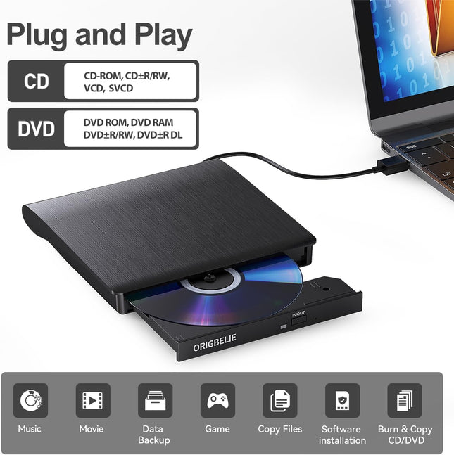 External CD/DVD Drive for Laptop, USB 3.0 CD Burner +/-RW CD ROM External DVD Drive Portable DVD Player for Laptop Deskt