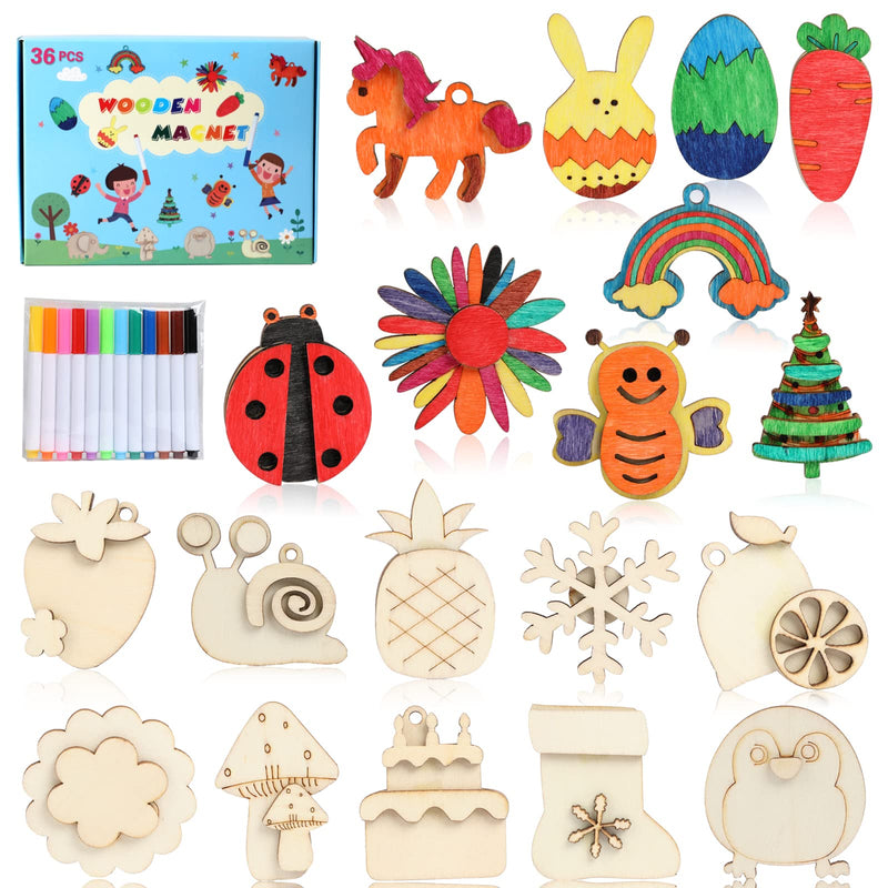 Worgree DIY Wooden Magnets, 36 Pcs Wooden Art Craft Supplies Painting Kit for Kids Party Favors for Boys Girls Ages 4-8 8-12 Birthday Easter