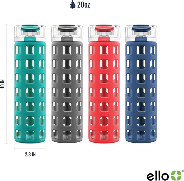 Ello Syndicate 20Oz Reusable Glass Water Bottle with One-Touch Leak Proof Flip Lid and Protective Non-Slip Silicone Sleeve and Carry Loop for