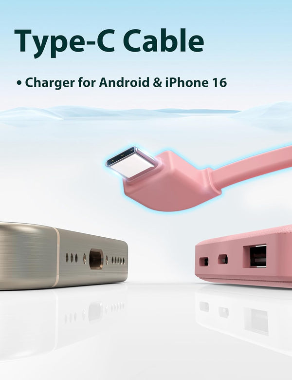 6000Mah Ultra Slim Built in Cables Power Bank, Card Size Built in USB C Cords Battery Pack Portable Charger for Phones, 3 Output External Battery