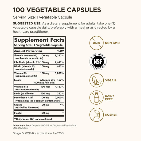Solgar Bcomplex "100" Vegetable Capsules Heart Health Nervous System Support Supports Energy Metabolism Non GMO Vegan Gluten Free Dairy Free