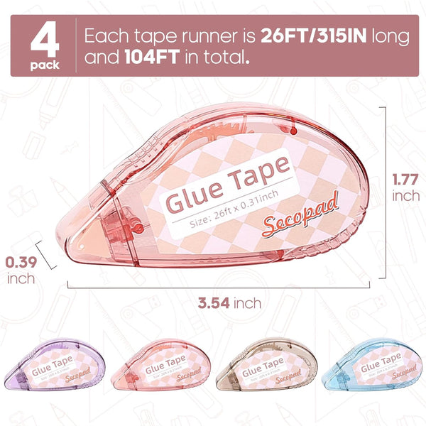 Scrapbook Tape, 4 Pack Double Sided Tape Roller for Crafts, Adhesive Glue Runner Scrapbooking Supplies Journaling School Office Supplies for Kids