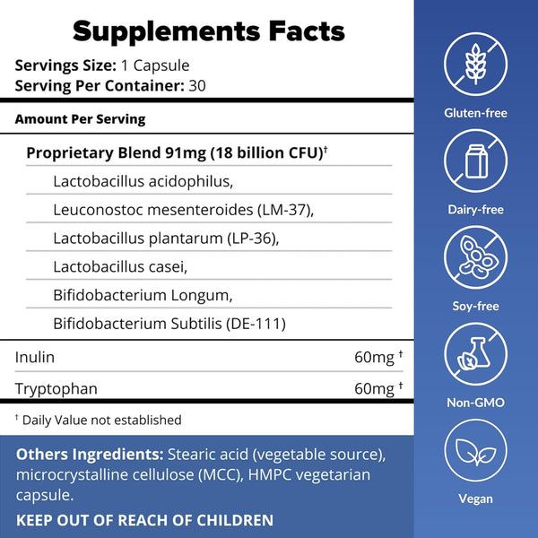 Simple Slumber Probiotics to Help Improve Sleep Quality and Gut Health, 18 Billion CFU, Non-Gmo and Gluten Free, 30 Capsules