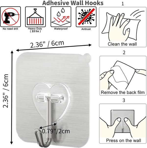 DGYB 20 Pcs Silver Adhesive Hooks for Hanging 22Lb Self Adhesive Wall Hooks Heavy Duty Waterproof Sticky Hook for Shower Home Bathroom Kitchen Office