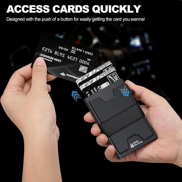 Slim Aluminum Card Holder Wallet for Men, Durable Expandable Backplate, RFID Blocking Minimalist Metal Pop up Wallet, Holds 12+ Cards plus Cash