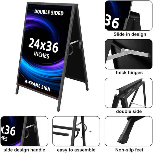 Heavy Duty Slide-In Folding Sandwich Board A-Frame Sidewalk Sign 24X36 Inch Black Coated Steel Metal Double-Sided Pavement Sign (2 Corrugated