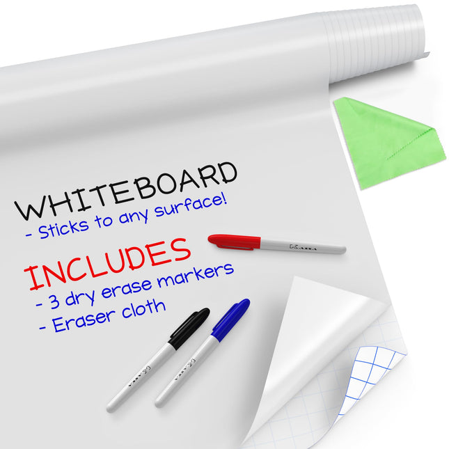 Kassa Reusable & Removable White Board Wallpaper | 1.4Ft X 8Ft Self Adhesive Dry Erase Contact Paper | 3 Markers & Erase