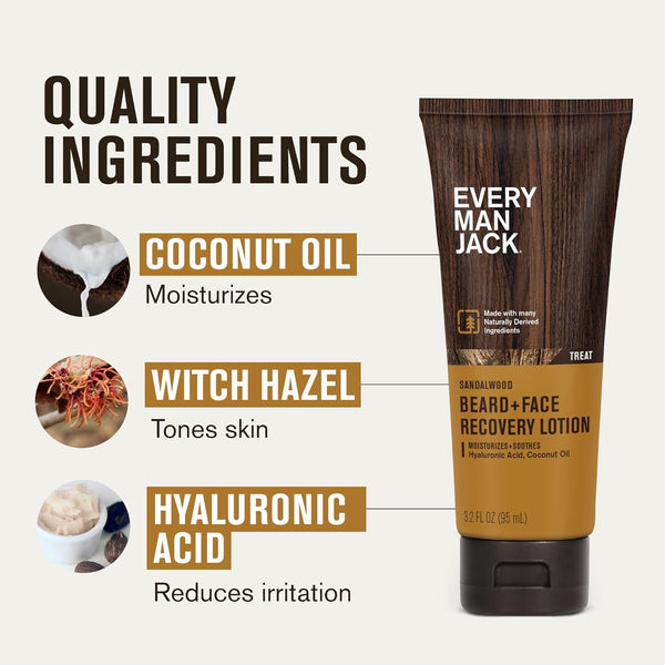 Every Man Jack Beard + Face Recovery Lotion-Moisturizes Relieves Dry Skin and Beard Itch - Light Sandalwood Scent-Made W/Naturally Derived