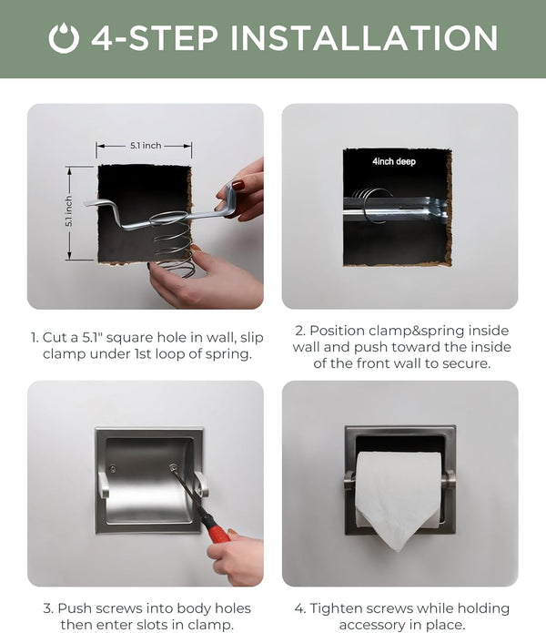 FORIOUS Recessed Toilet Paper Holder, Stainless Steel Durable Tissue Roll Holder Wall Mount for Bathroom Space Saving Design with Mounting