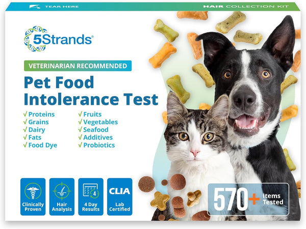5Strands Pet Food Intolerance Test, at Home Sensitivity Test for Dogs & Cats, 270 Items, Hair Analysis, Accurate for All Ages & Breeds, Pet Gut