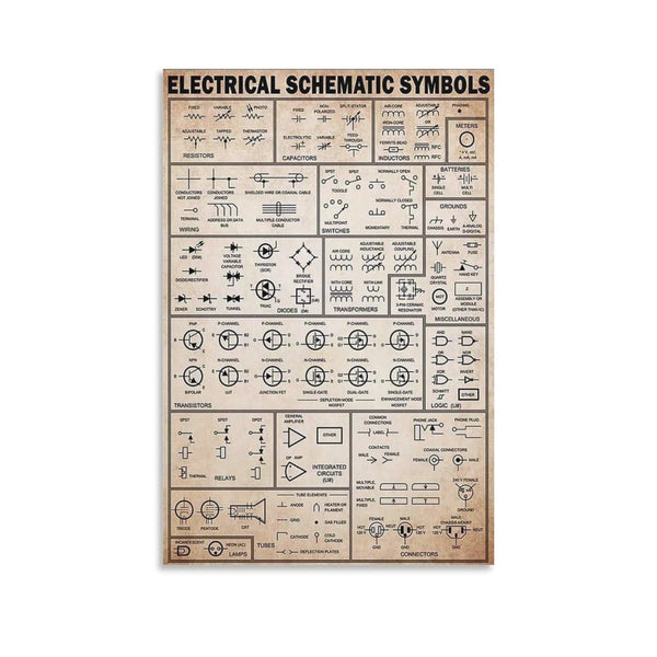Circuit Diagram Symbols, Electronics Cheat Sheet, Retro Knowledge Electrician Gift Poster Print for Teen Boys Room Wall Art Canvas Painting Print