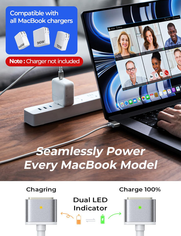 LISEN USB-C to Magnetic 3 Cable (6.6FT) for M4 Macbook Air Pro Charger, 140W Magnetic Safe 3 Cable for Macbook Air (15''/13'' M4 2025, M3 2024, M2