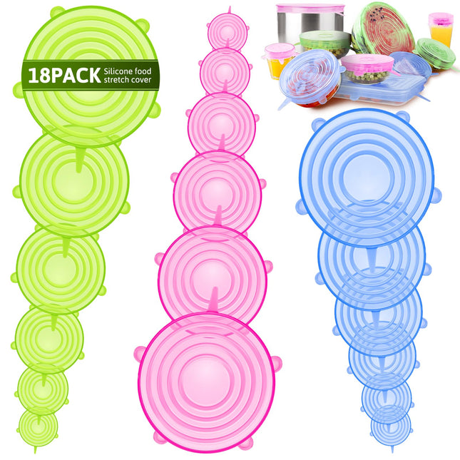 BFONS 18 Pack Silicone Stretch Lids, 6 Different Sizes, 100% Safe Food Grade Silicone to Meet Most Container, Microwave 