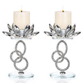 Ownmy Set of 2 Crystal Lotus Flower Candlestick Holders Metal Glass Lotus Pillar Candle Holders, Silver Crystal Lotus Votive Candlesticks Tealight