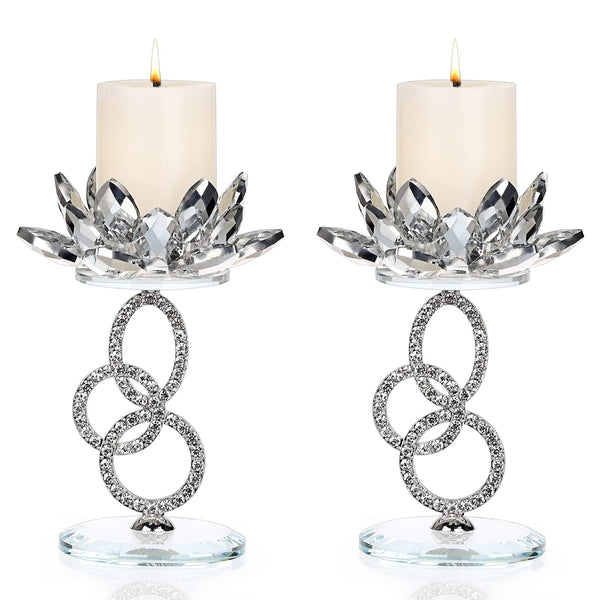 Ownmy Set of 2 Crystal Lotus Flower Candlestick Holders Metal Glass Lotus Pillar Candle Holders, Silver Crystal Lotus Votive Candlesticks Tealight