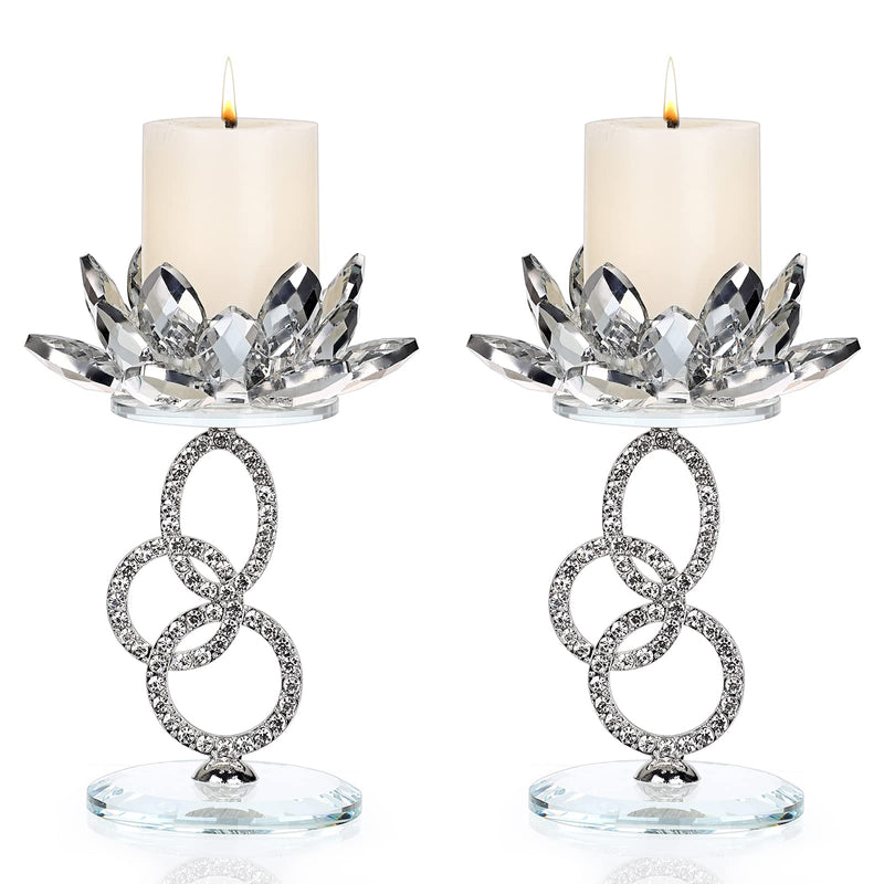 Ownmy Set of 2 Crystal Lotus Flower Candlestick Holders Metal Glass Lotus Pillar Candle Holders, Silver Crystal Lotus Votive Candlesticks Tealight