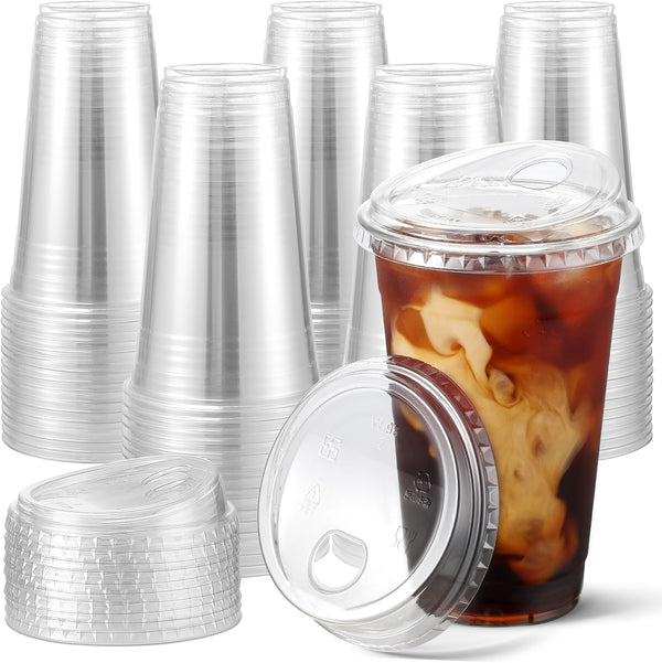 AOZITA 24 Oz. - 100 Sets Crystal Clear Plastic Cups with Strawless Sip-Lids, BPA Free Disposable Plastic Cups with Lids, to Go Cups for Iced