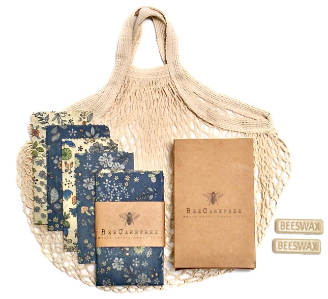 4-Pack Reusable Beeswax Wraps with Produce Bag & 2 Beeswax Bars