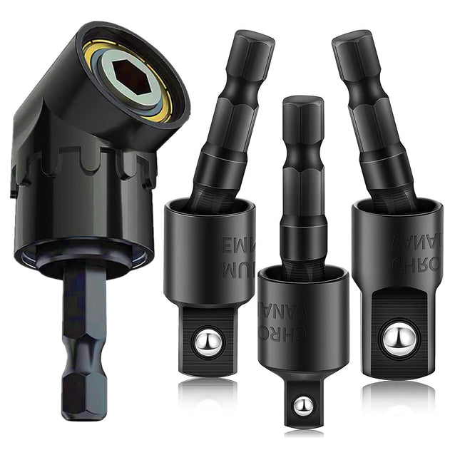 Right Angle Drill Adaptor,4-in-1 Impact Drill Bit Extension,360° Rotatable 1/4 3/8 1/2" Impact Grade Socket Adapter Set,
