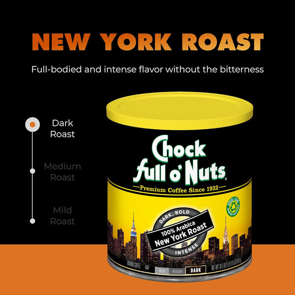 Chock Full OâNuts New York Roast, Dark Roast Ground Coffee â Gourmet Arabica Coffee Beans â Bold, Full-Bodied and Intense Coffee (30.5 Oz. Can)