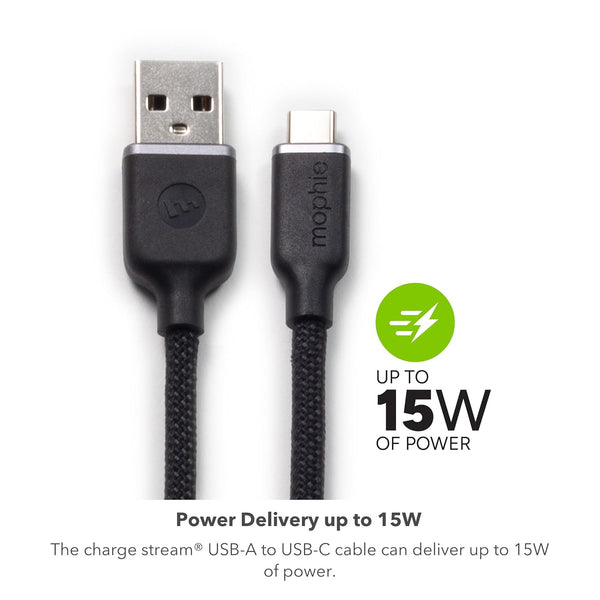 Mophie Charge Stream USB-A to USB-C 1M/3Ft Silicone Cable - Braided Enduraflex Design, 15W Fast Charge Compatible, & Ultra-Durable Build