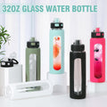 Kodrine 32 Oz Glass Water Bottle with Straw and Carry Loop, One-Touch Leakproof Locking Lid, Reusable Drinking Bottle with Time Marker for Travel