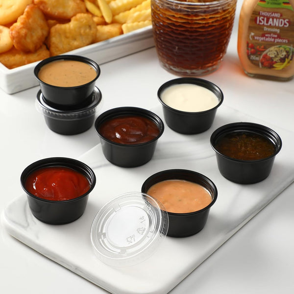 AOZITA 200-2 Oz Black Jello Shot Cups, Portion Cups, Small Plastic Containers with Lids, Airtight Souffle Cups, Salad Dressing Container, Sauce