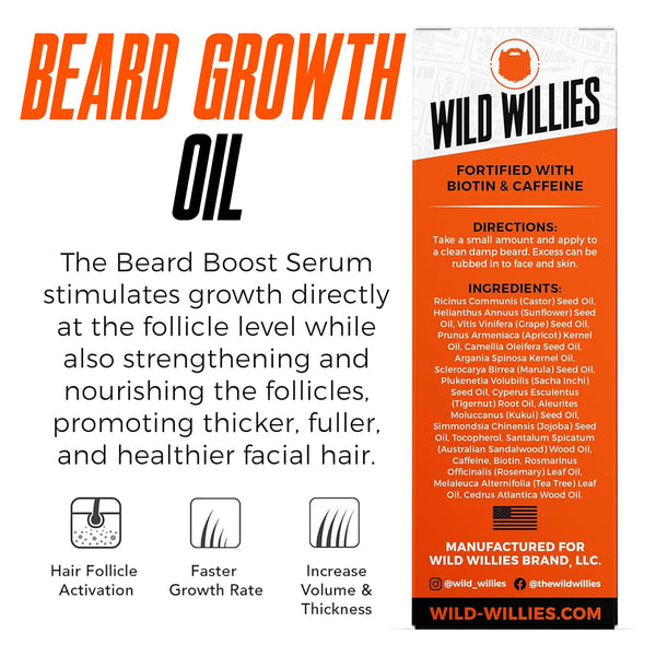 Wild Willies Beard Growth Serum for Men - Natural Beard Serum with Biotin, Caffeine & Essential Beard Oil for Fuller, Thicker Facial Hair Enhancer