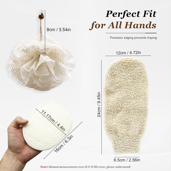 Natural Hemp Bath Mitts & Loofah Gloves Set - Exfoliating Shower Gloves for Women and Men, Organic Fiber Body Scrubber, Reusable Eco-Friendly Bath